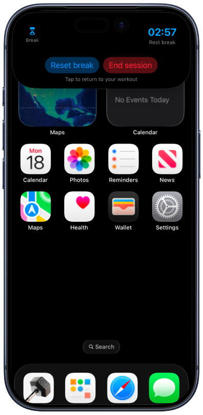 iPhone home screen with an expanded Dynamic Island rest break controls