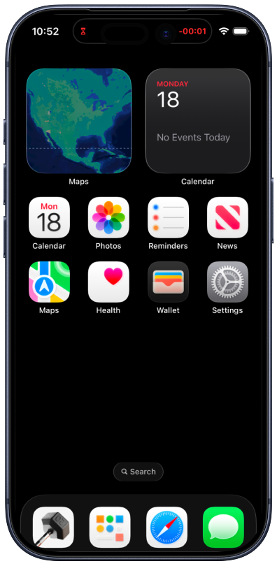 iPhone home screen with a compact Dynamic Island rest timer