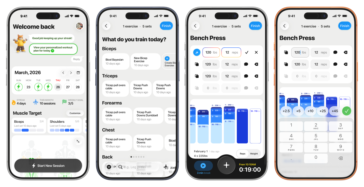 Four screenshots of Sasha's Gym App on iPhone