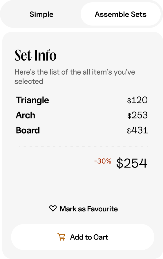 Wood&Room pricing card showing an assembled set total